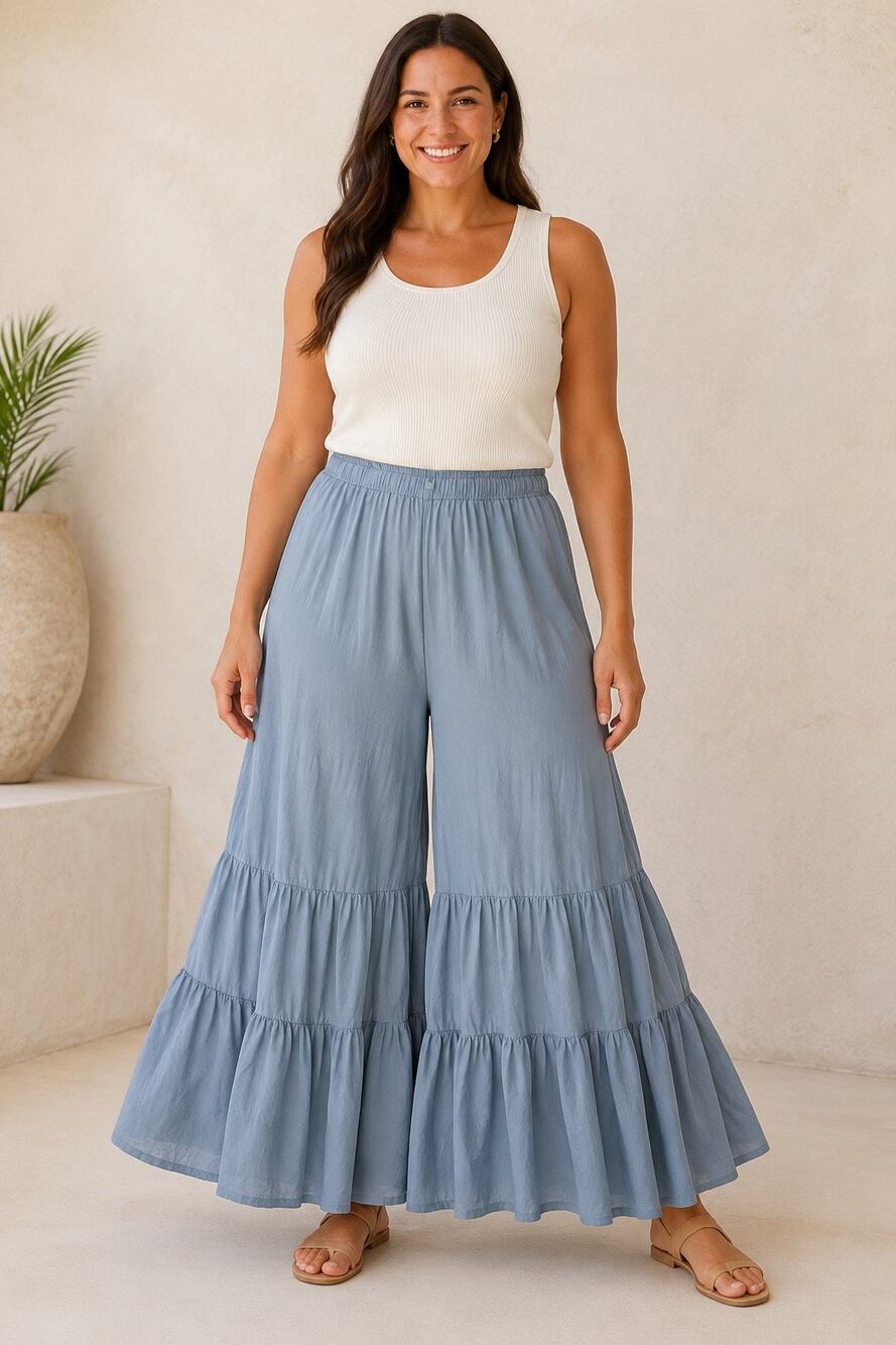 Bedford Fair Tiered Ruffle Palazzo Pants L